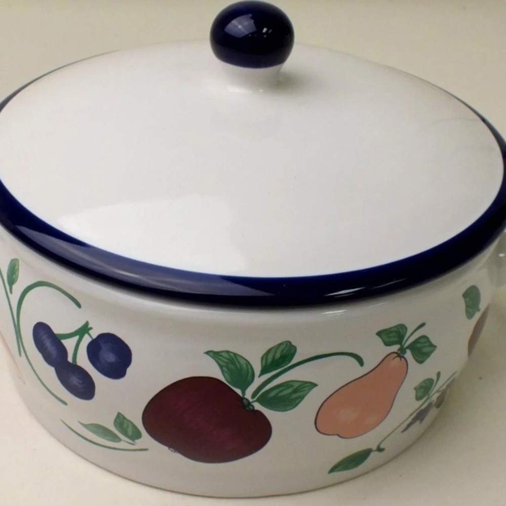 2qt Princess House White and Blue Ceramic Casserole with Fruit Design